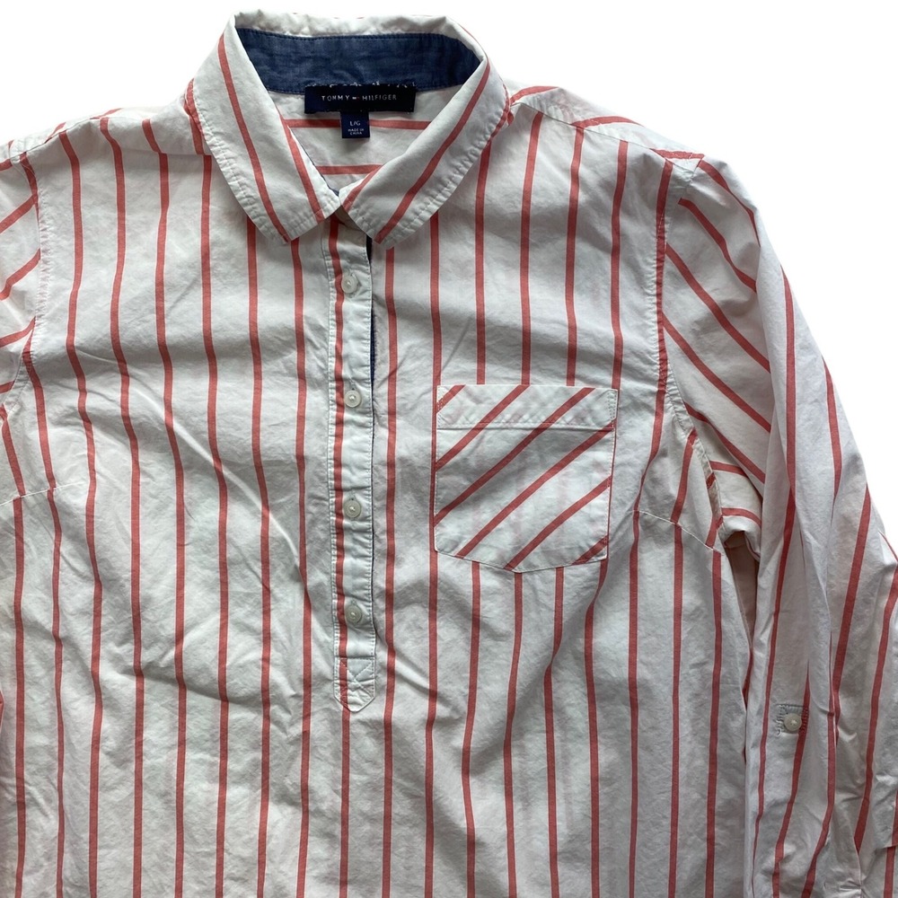 Tommy Hilfiger Striped Popover Shirt Womens Large Long Sleeve Roll Tab Red White